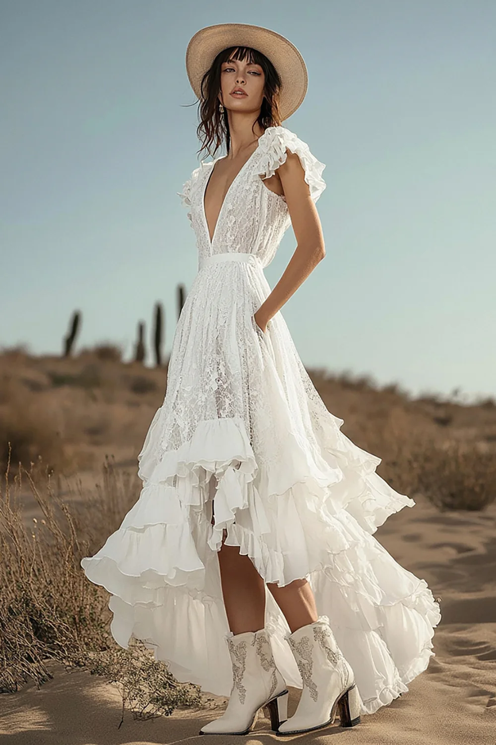 Ivory Lace Ruffled Boho High-Low Western Wedding Dress with Pockets - JUORTHO