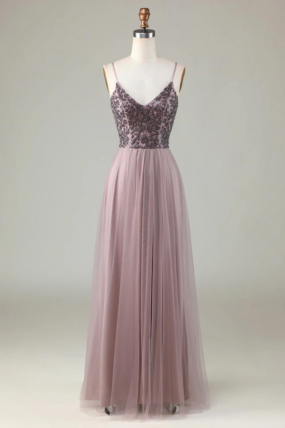 Chic Romantic A Line Spaghetti Straps Dusty Blue Long Bridesmaid Dress with Beading - JUORTHO