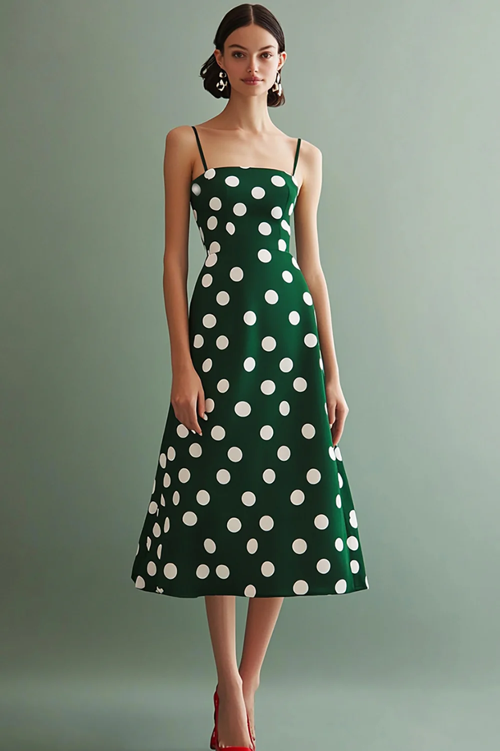 Chiffon Green and White Spaghetti Straps Boho A Line Midi Polka Dot Dress - JUORTHO