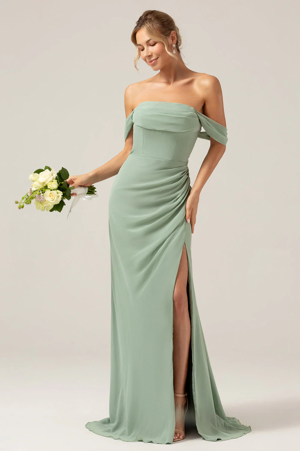 Off the Shoulder Sheath Chiffon Pleated Dusty Sage Bridesmaid Dress - JUORTHO