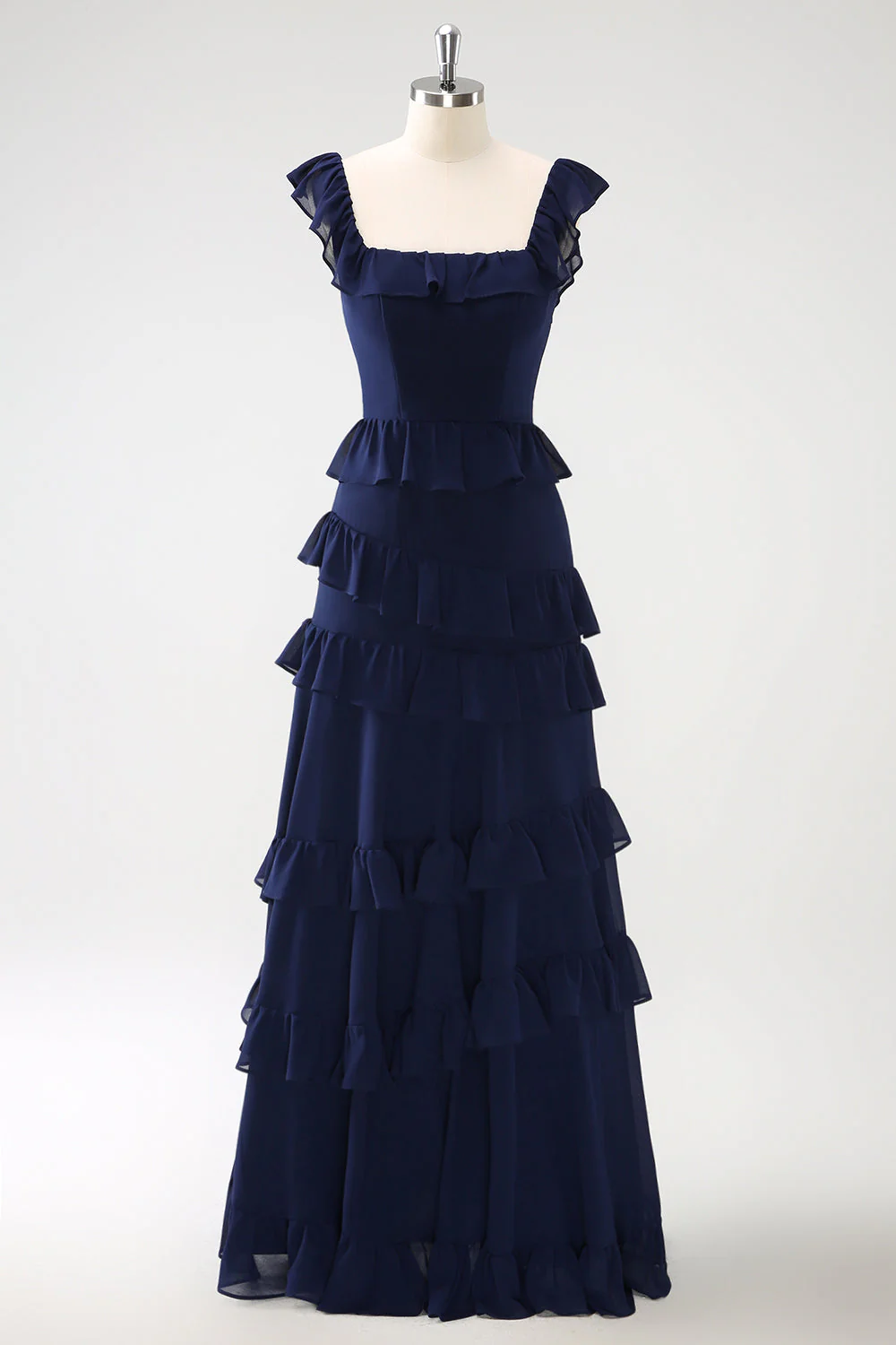 Dark Navy A-Line Tiered Chiffon Long Bridesmaid Dress - JUORTHO