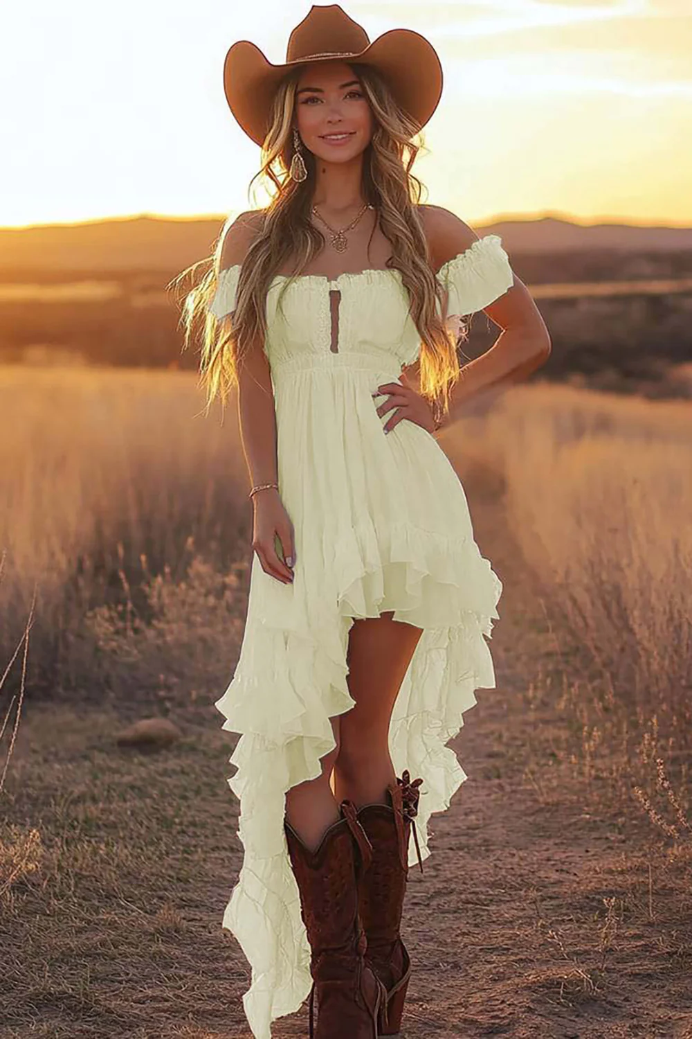 White A Line Off the Shoulder Asymmetrical Western Wedding Dress with Ruffles - JUORTHO