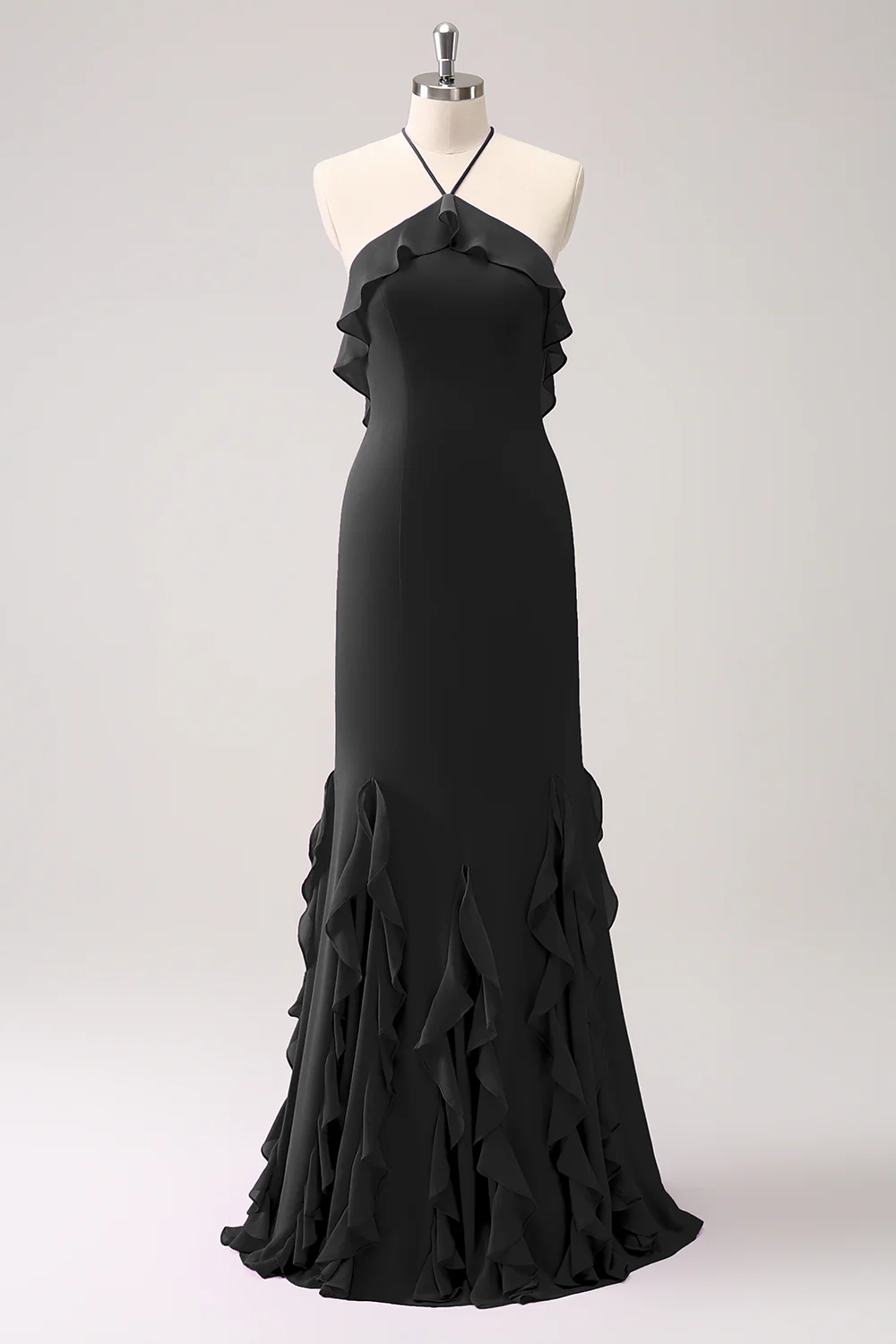 Tahiti Mermaid Halter Ruffle Chiffon Long Bridesmaid Dress - JUORTHO