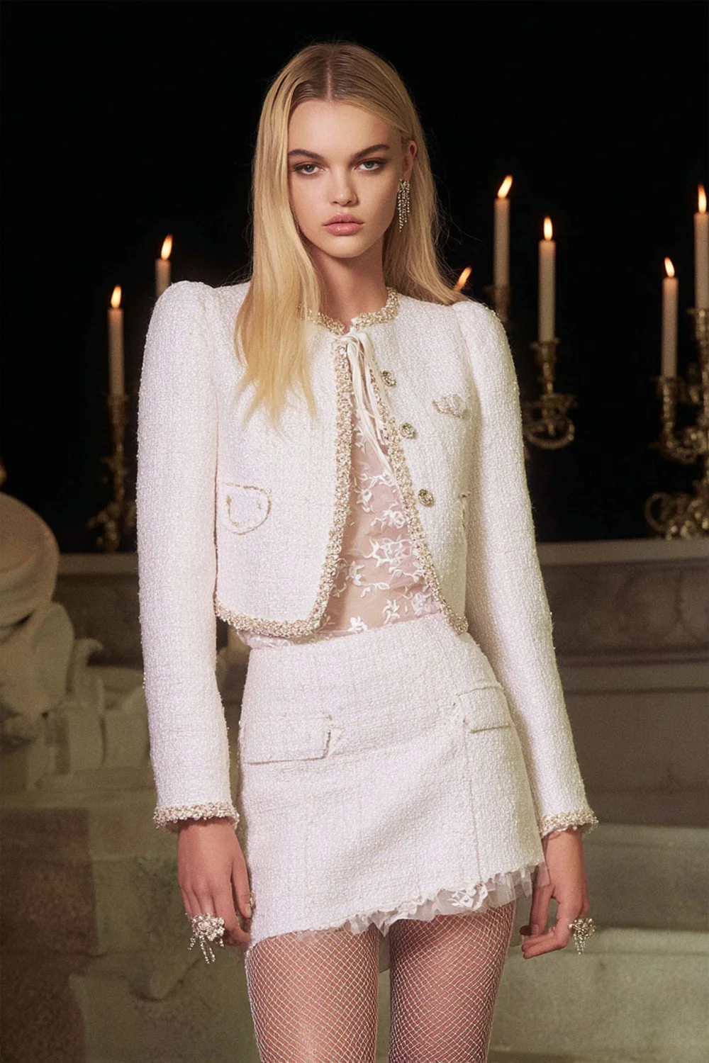 White 2 Piece Round Neck Tweed Homecoming Outfits with Sleeves - JUORTHO