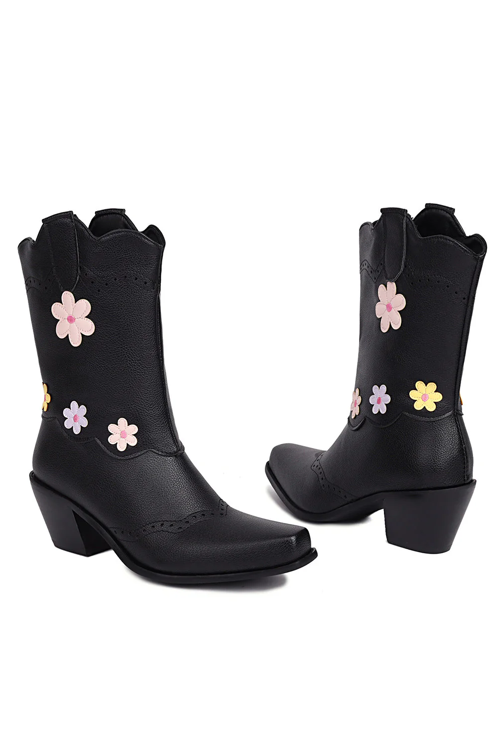 Black Mid Calf Chunky Heel Cowgirl Boots - JUORTHO