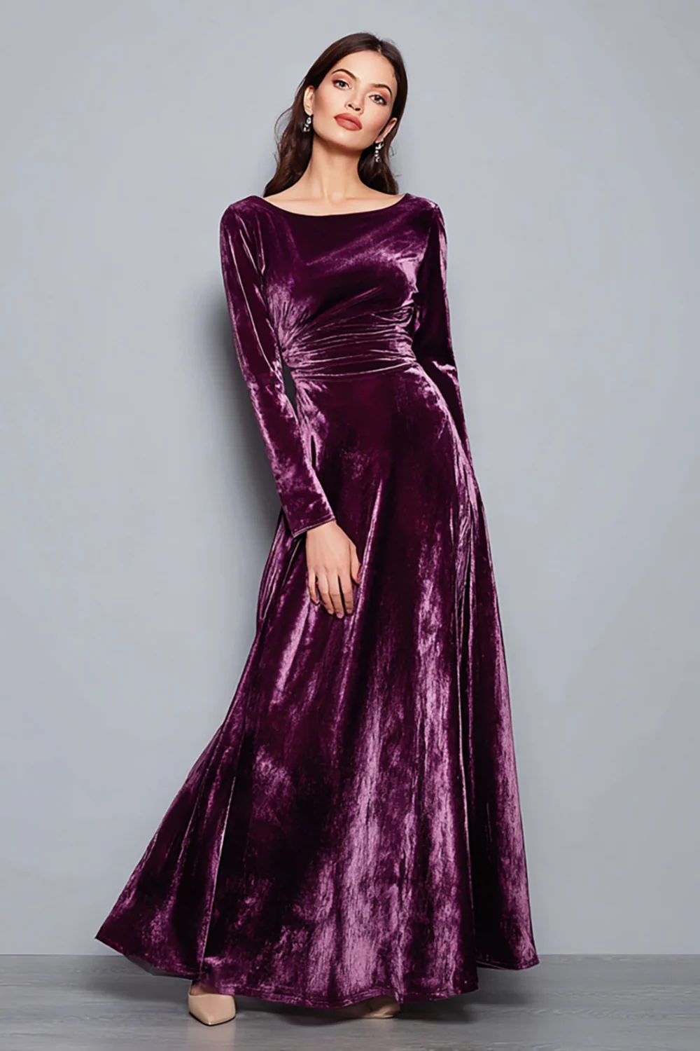 Plum Velvet A Line Boat Neck Long Sleeves Holiday Party Dress - JUORTHO