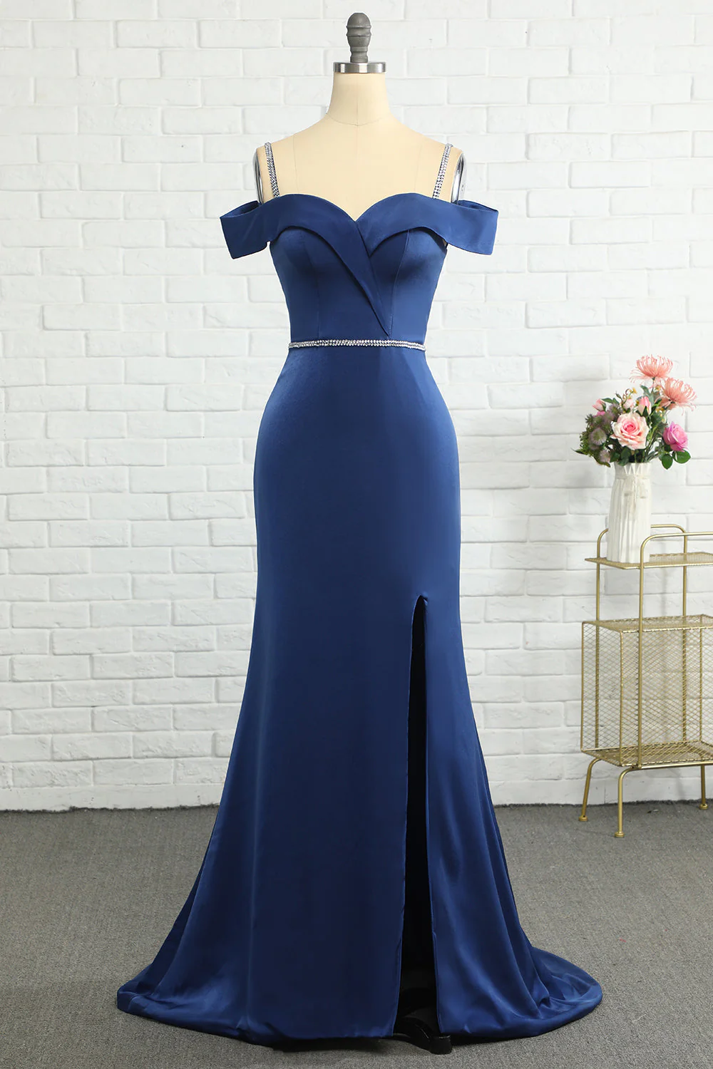 Mermaid Off the Shoulder Navy Bridesmaid Dress with Beading - JUORTHO