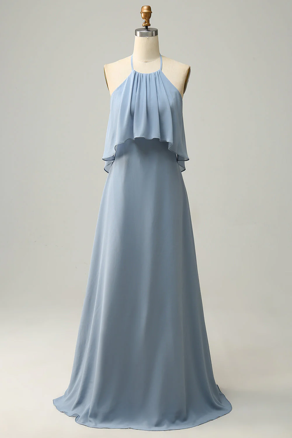A Line Halter Neck Blue Long Bridesmaid Dress - JUORTHO