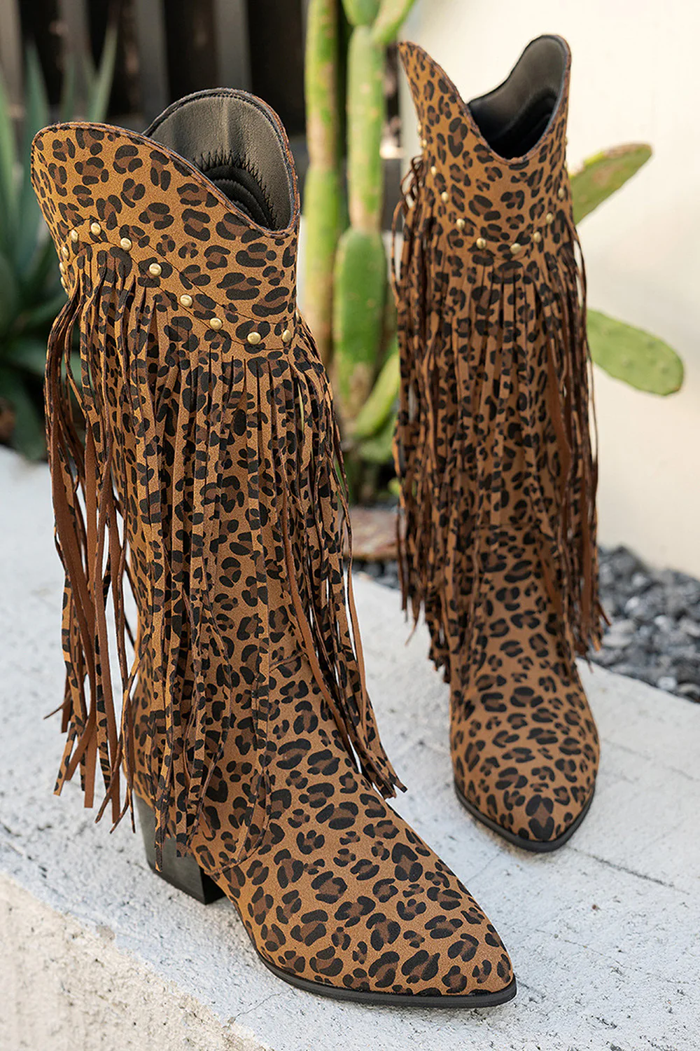 Brown Leopard Mid Calf Chunky Heel Cowgirl Boots with Fringes - JUORTHO