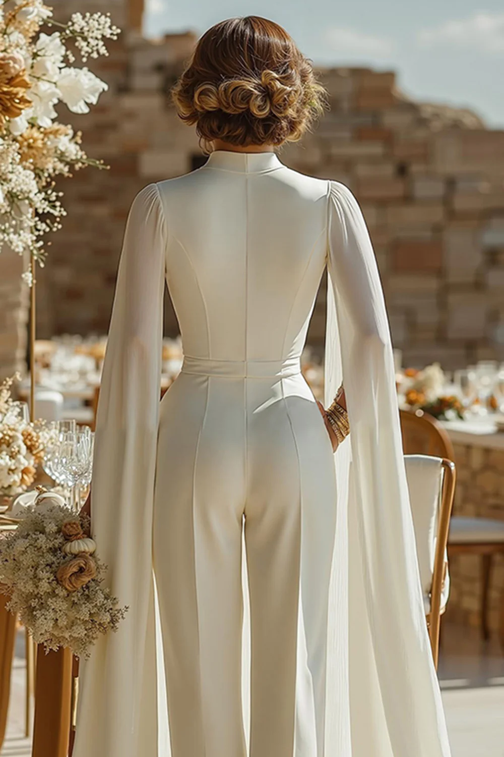 Ivory High Neck Keyhole Bridal Jumpsuits with Pockets - JUORTHO