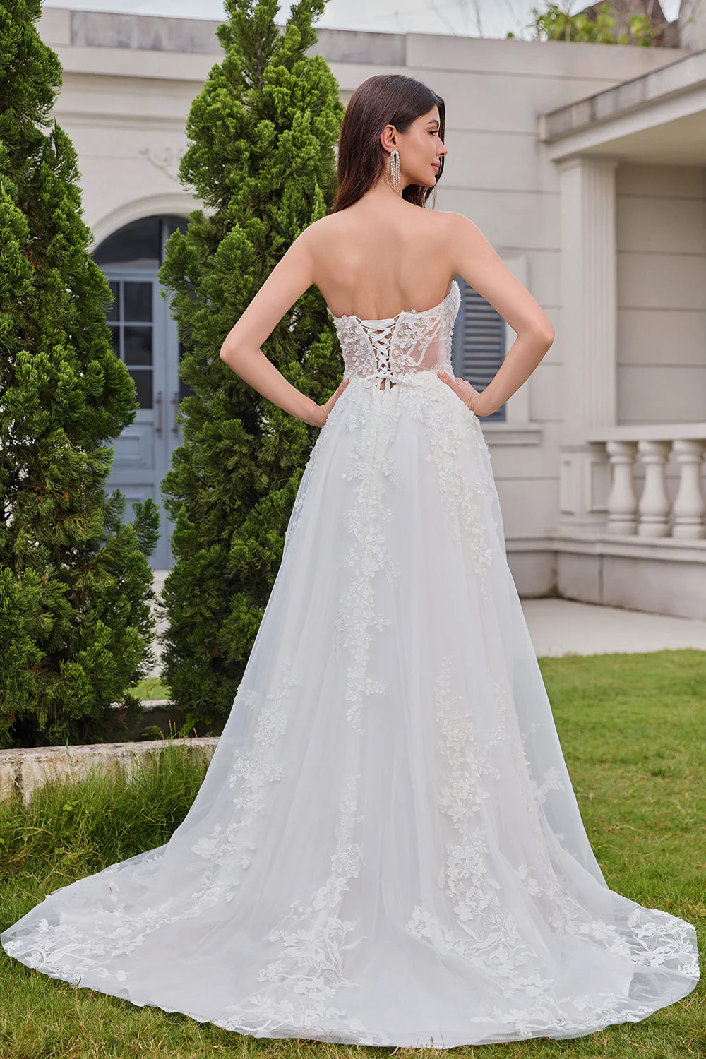 Princess White A-Line Lace Up Corset Tulle Wedding Dress with Appliques Lace - JUORTHO