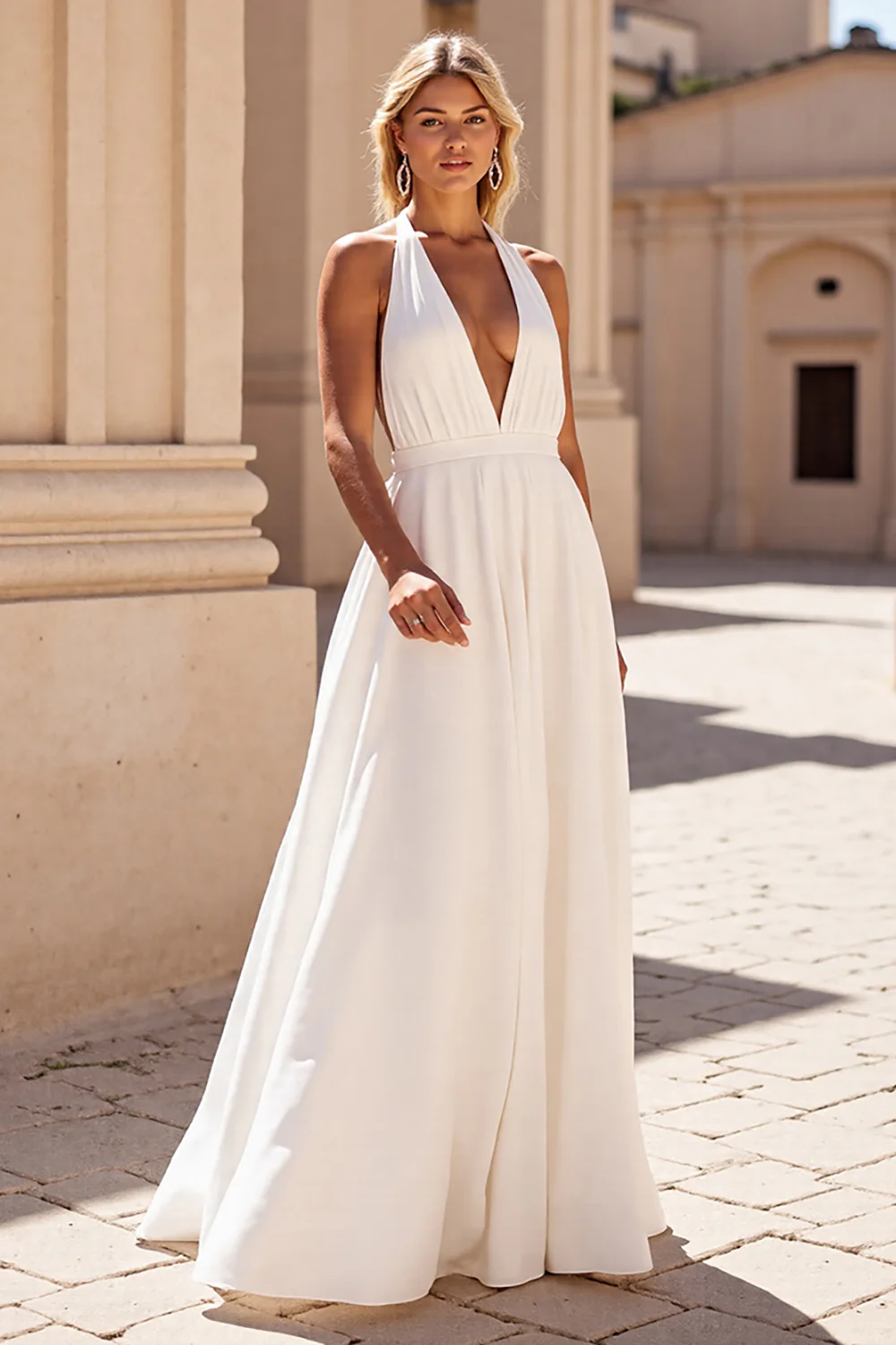 Simple Halter White Sweep Train Satin Wedding Dress - JUORTHO