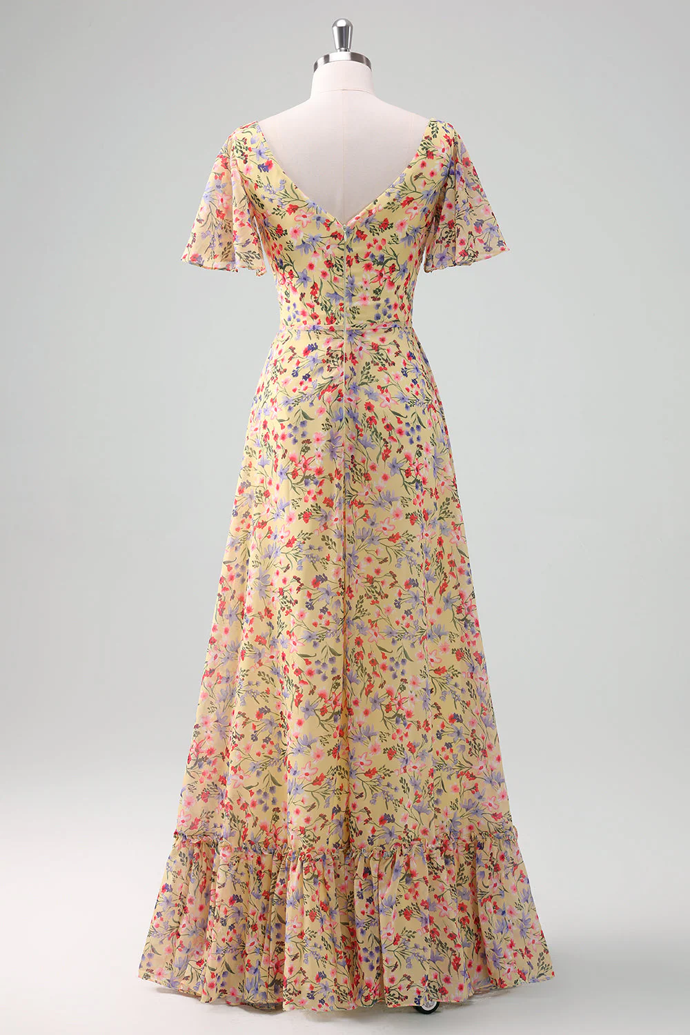 Yellow Flower Printed Chiffon A-Line V-neck Short Sleeves Long Prom Dress - JUORTHO