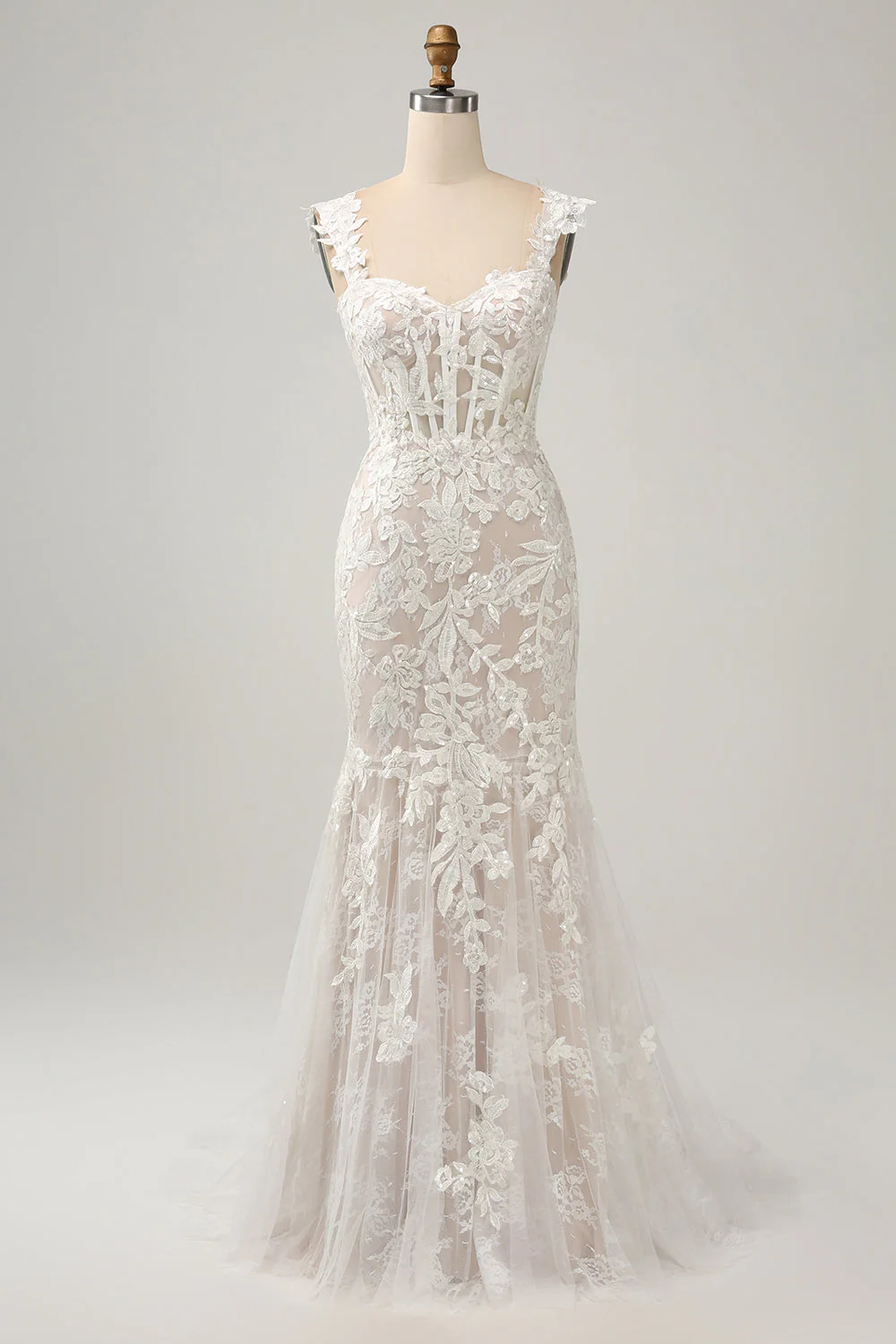 White Mermaid Off the Shoulder Sweep Train Wedding Dress with Applique Lace - JUORTHO