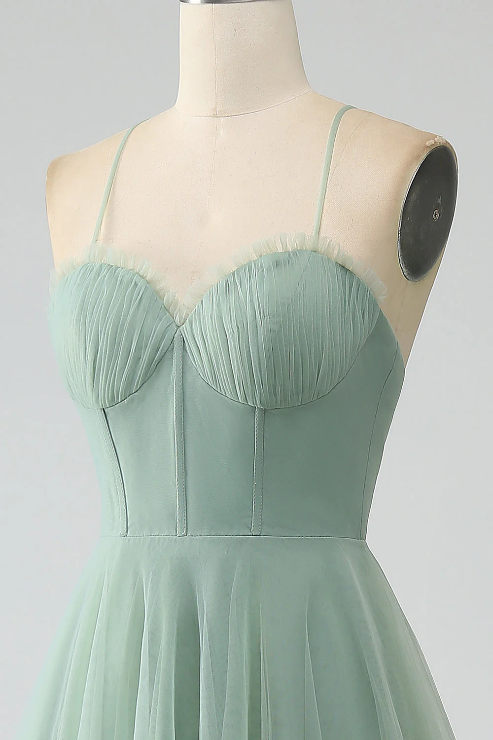 Matcha A-Line Spaghetti Straps Tea-Length Corset Tulle Bridesmaid Dress - JUORTHO