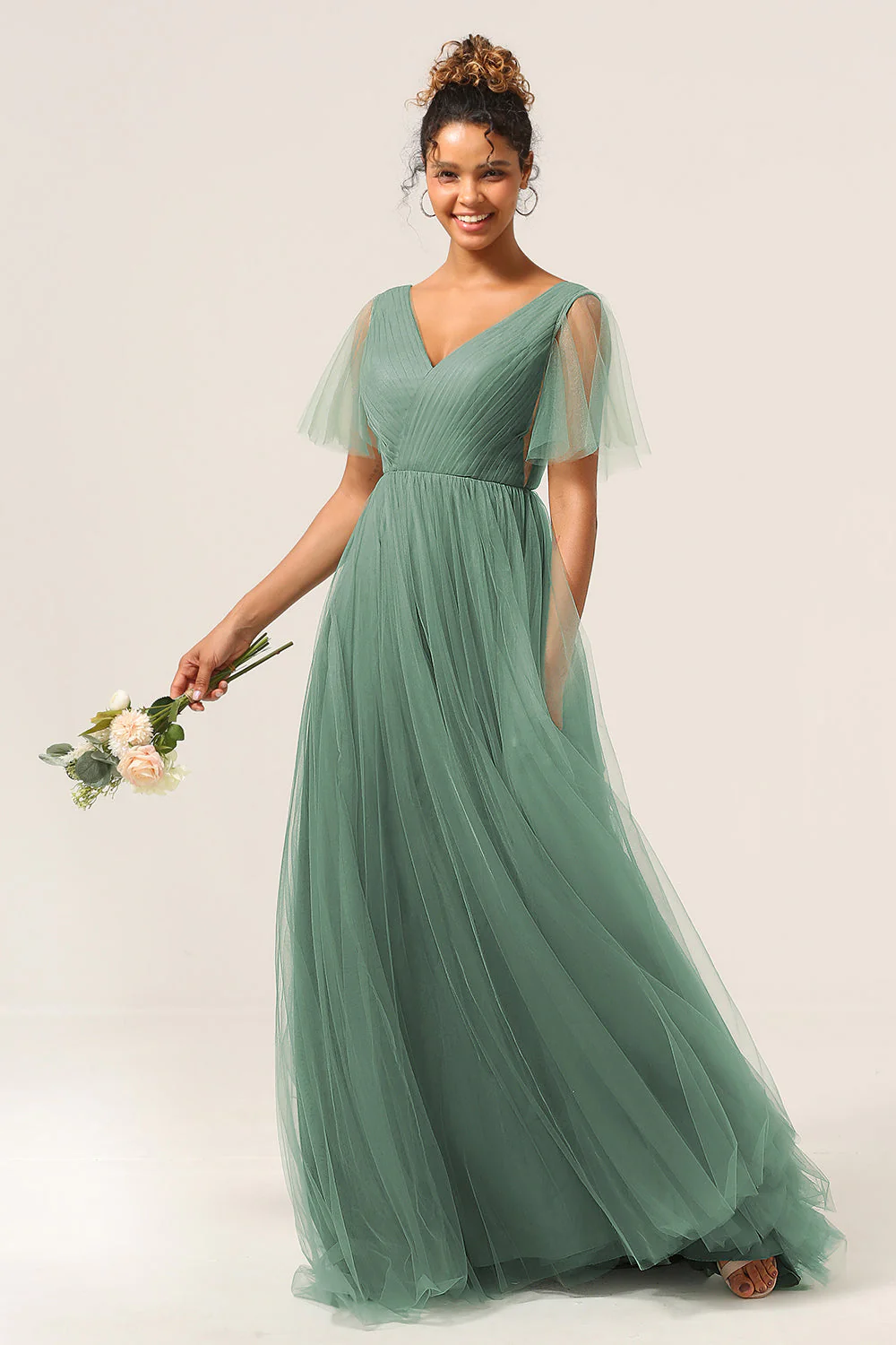 Eucalyptus V Neck Open Back A Line Bridesmaid Dress - JUORTHO