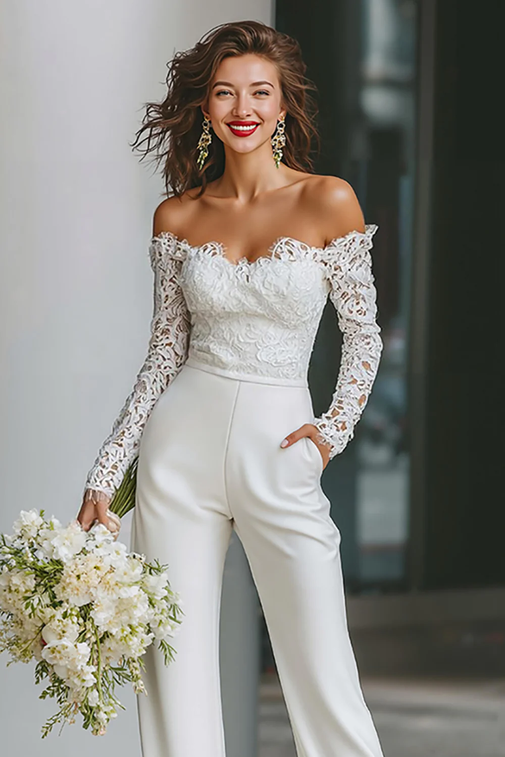 White Long Sleeves Off the Shoulder Bridal Jumpsuits with Pockets - JUORTHO