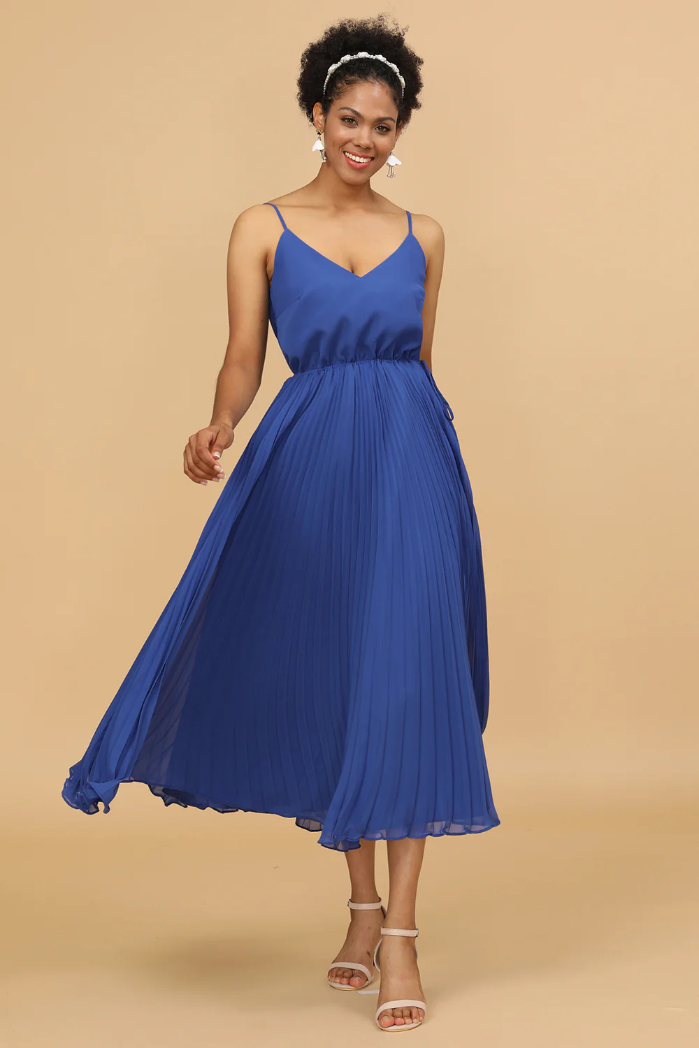 Royal Blue Tea-Length Chiffon Bridesmaid Dress With Pleated - JUORTHO