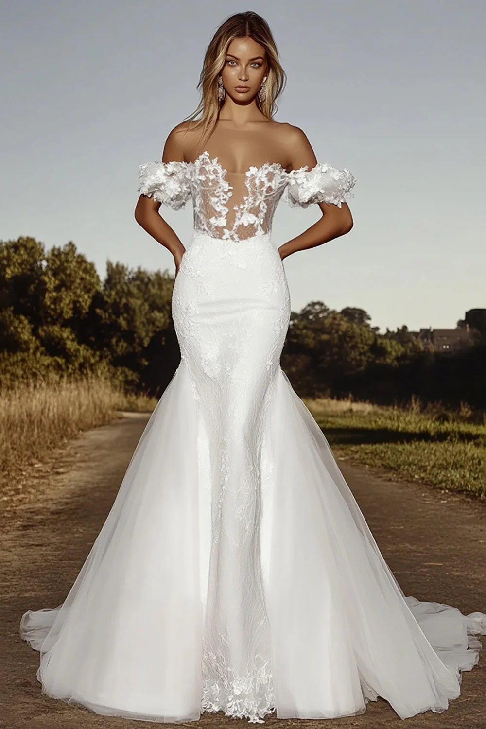 Delicate Ivory A Line Off the Shoulder Tulle Lace Wedding Dress - JUORTHO