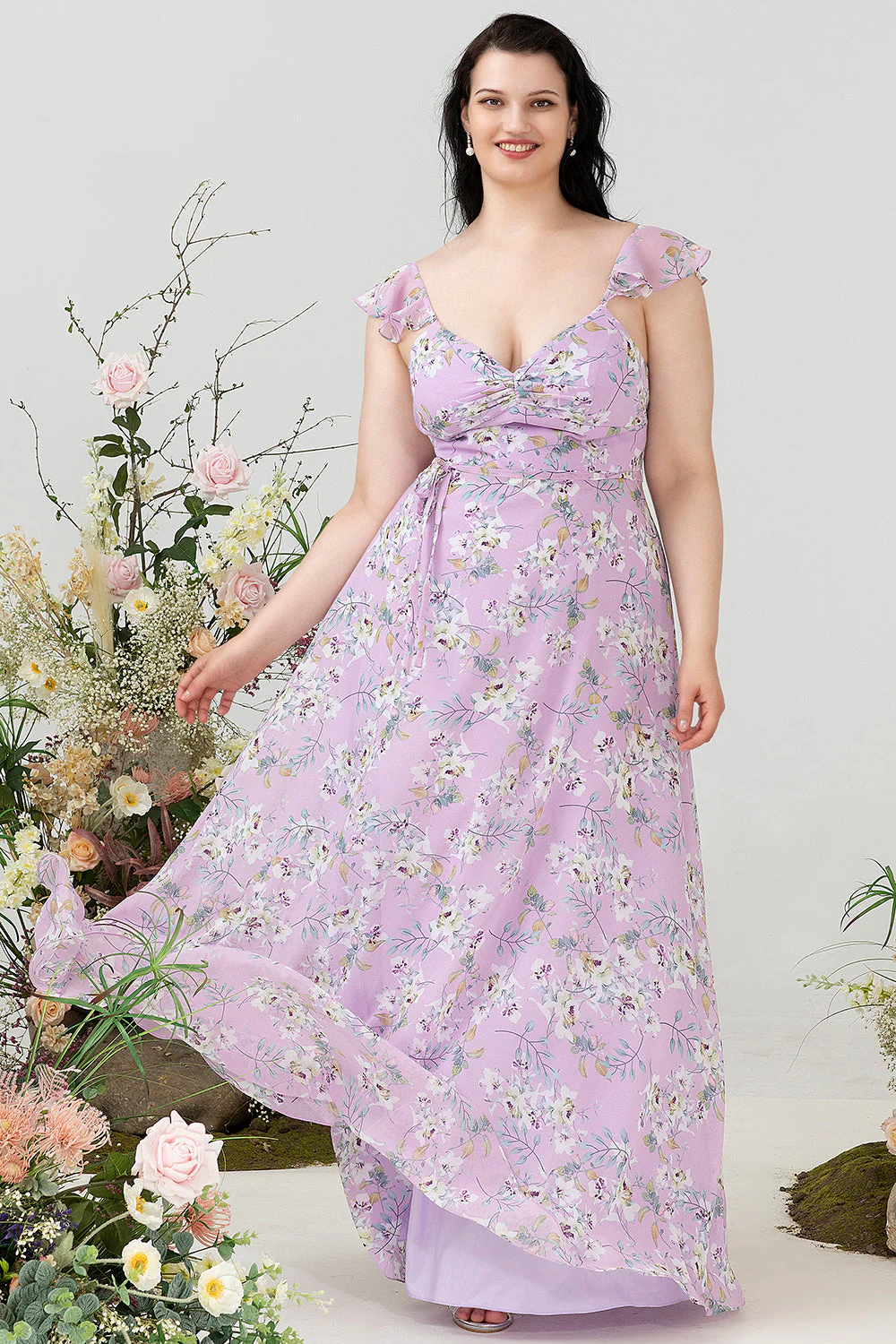 Purple Floral Print Plus Size Bridesmaid Dress - JUORTHO