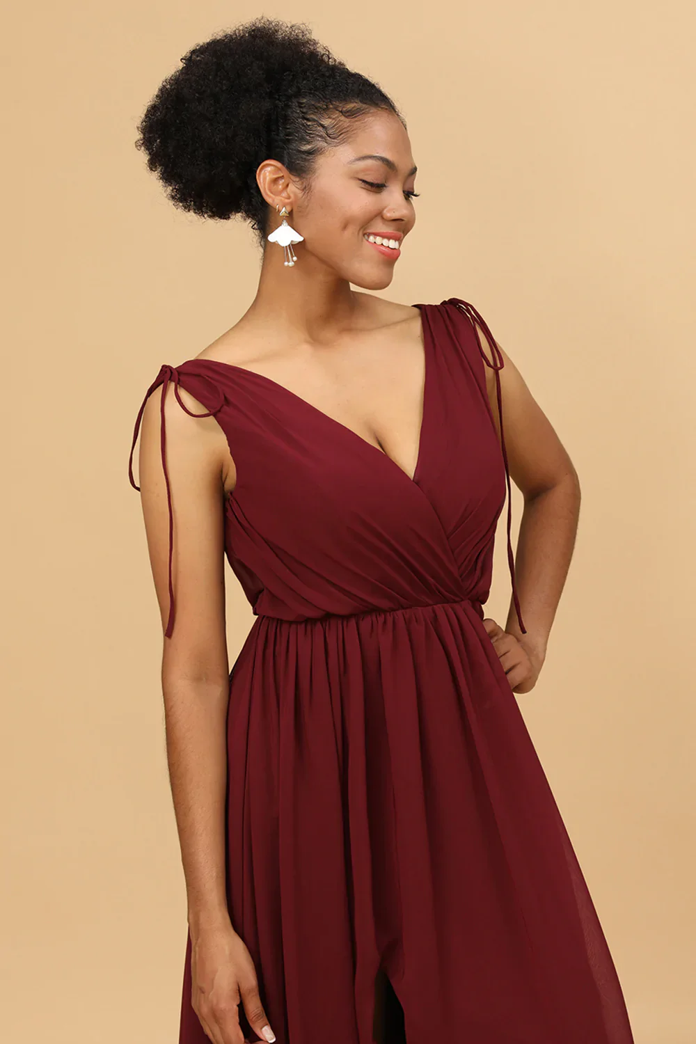 Burgundy V-Neck Lace Up Bridesmaid Dress With Slit - JUORTHO