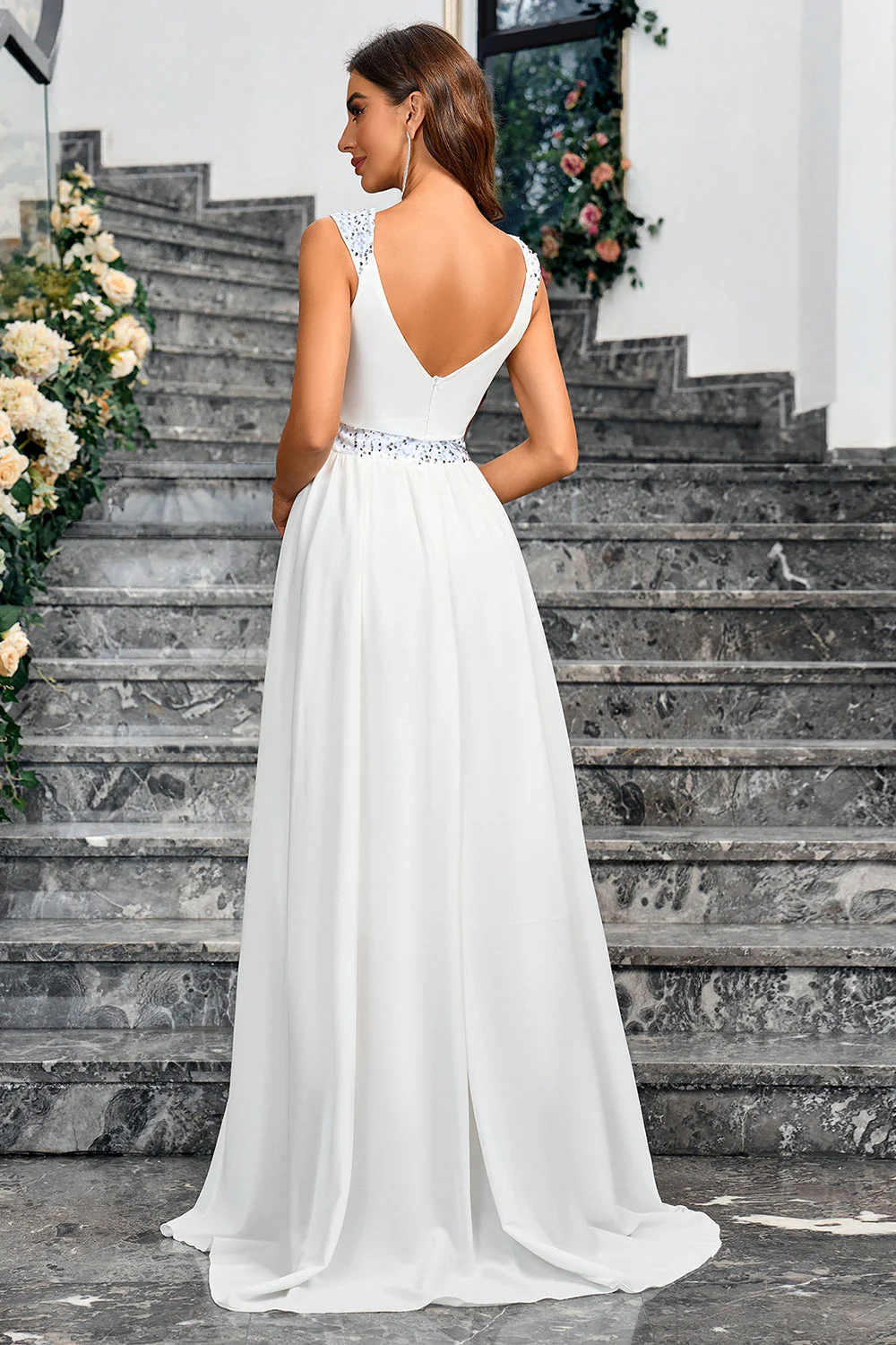 White A Line Spaghetti Straps Sequin Long Party Dress - JUORTHO