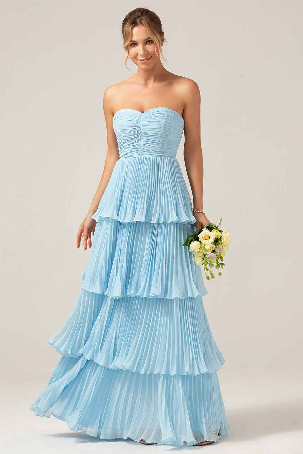 A-Line Sweetheart Tiered Chiffon Long Lilac Bridesmaid Dress with Pleated - JUORTHO