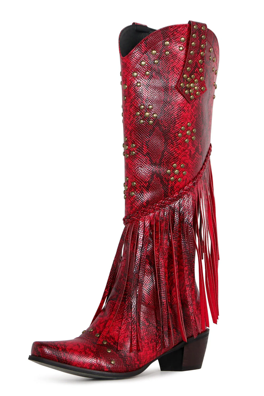 Women's Black Beaded Fringes Pointed Toe Chunky Hell Boots - JUORTHO