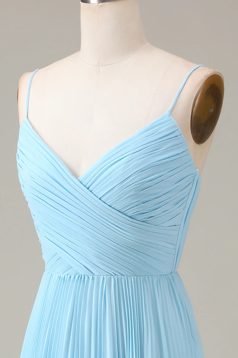 Sky Blue Spaghetti Straps V-neck A-line Pleated Chiffon Bridesmaid Dress - JUORTHO