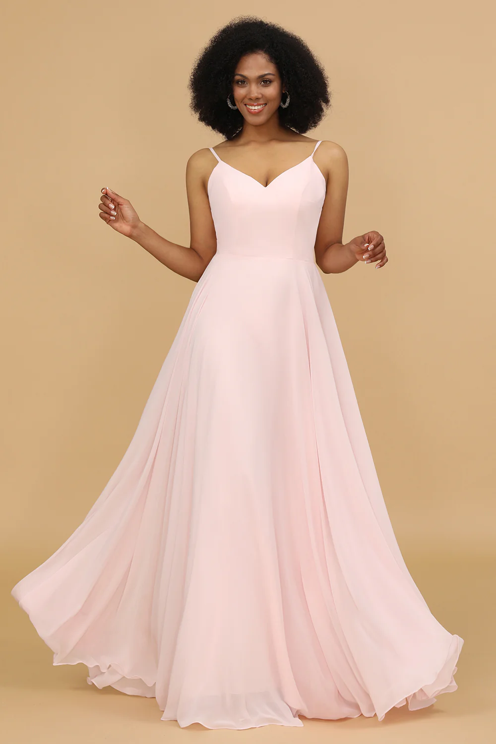 Pink  V-neck Spaghetti Straps Bridesmaid Dress - JUORTHO