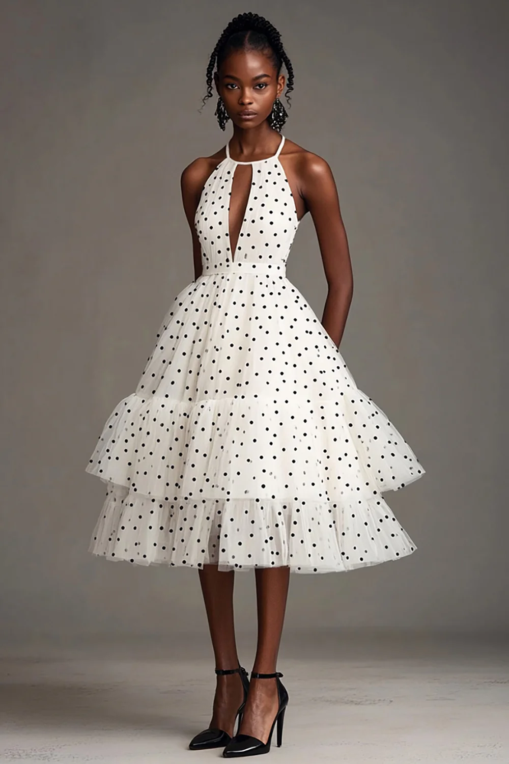 White and Black A Line Tulle Tiered Midi Polka Dot Dress with Ruffles - JUORTHO
