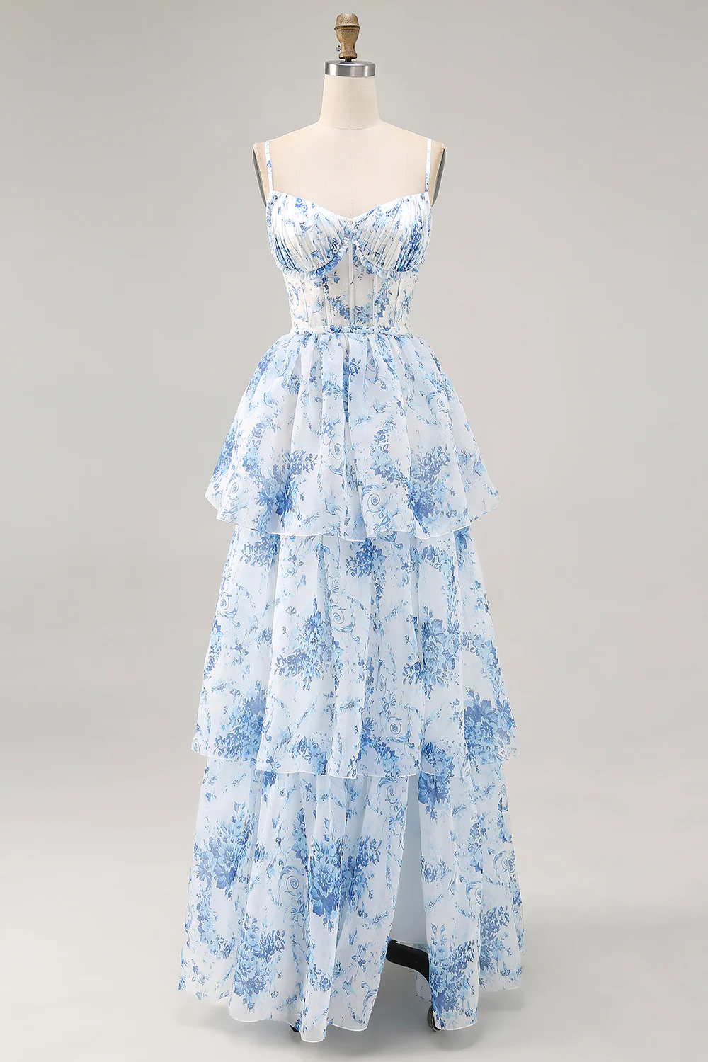White and Blue Floral Corset Ruffled Long Wedding Guest Dress with Slit - JUORTHO