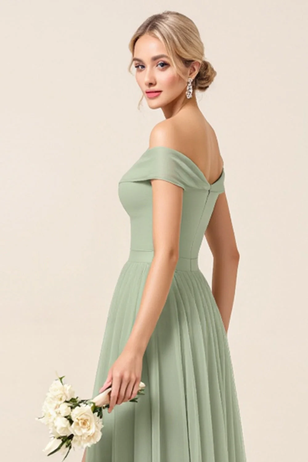 A Line Matcha Off the Shoulder Long Bridesmaid Dress with Slit - JUORTHO