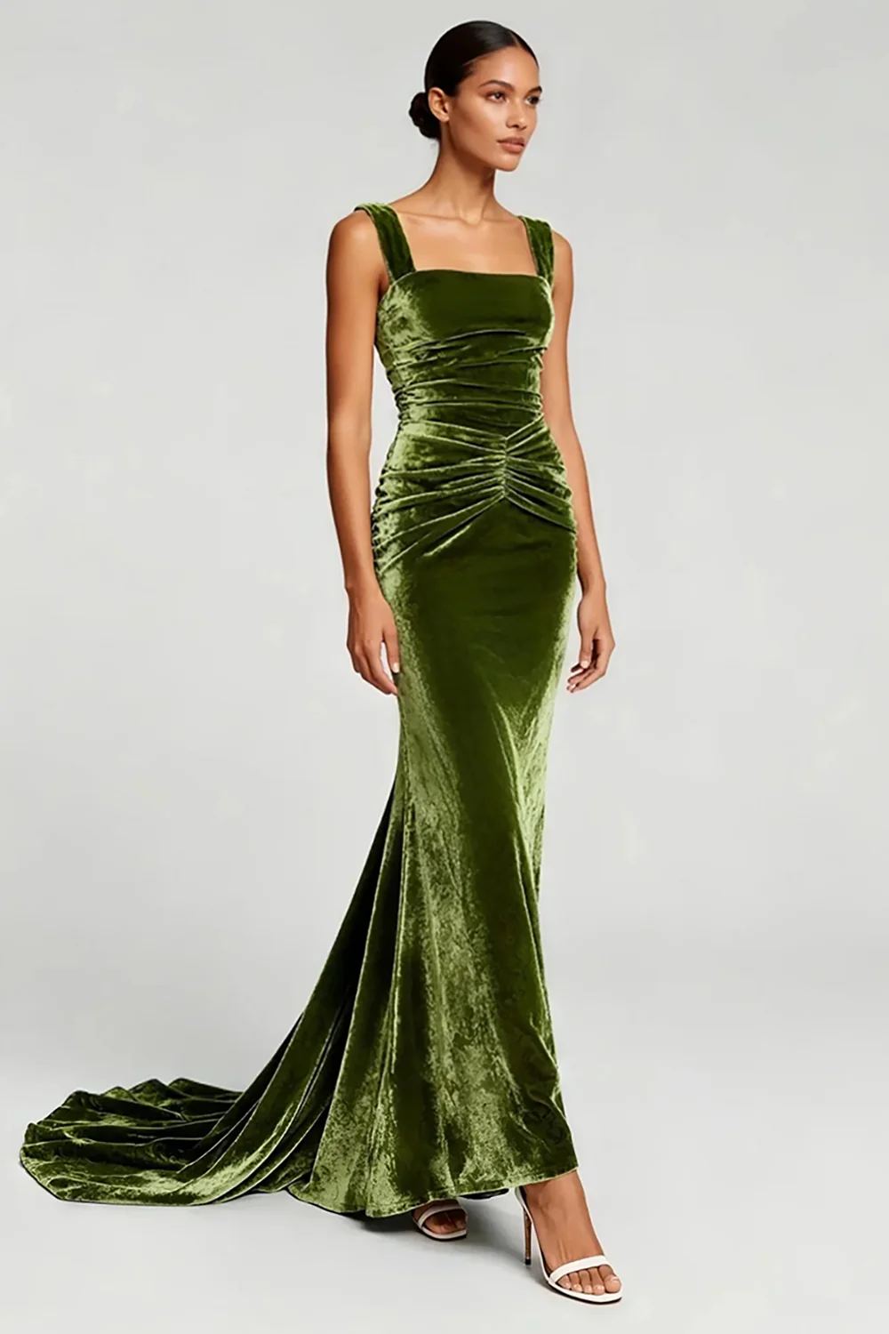 Simple Olive Mermaid Velvet Long Formal Dress - JUORTHO