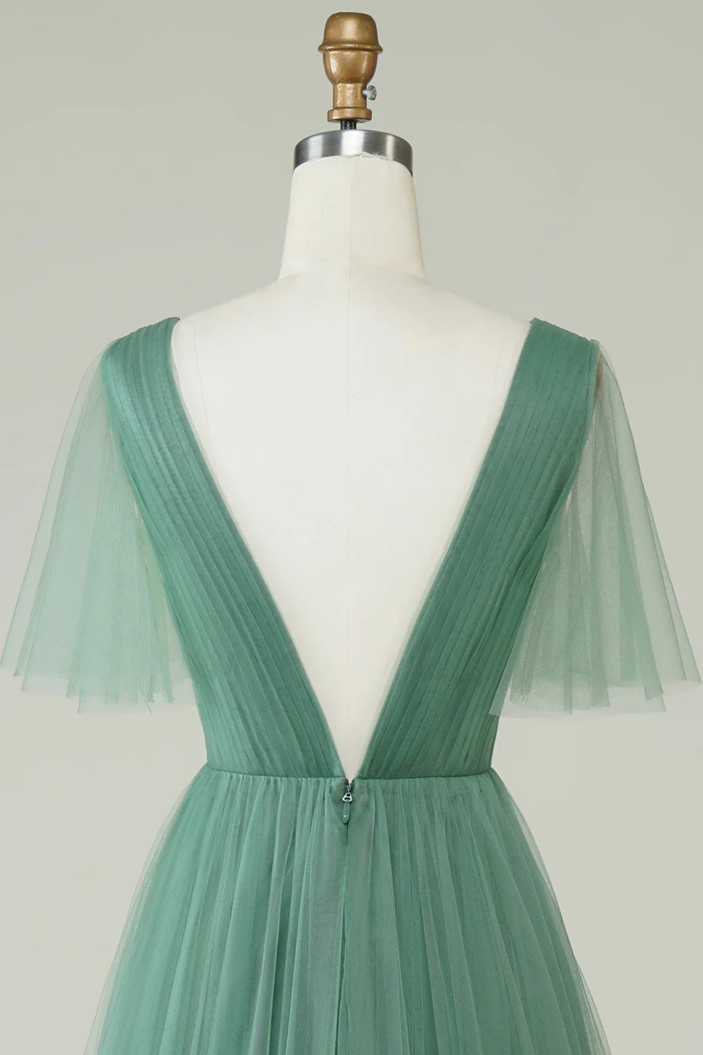 Eucalyptus V Neck Open Back A-Line Tulle Bridesmaid Dress - JUORTHO