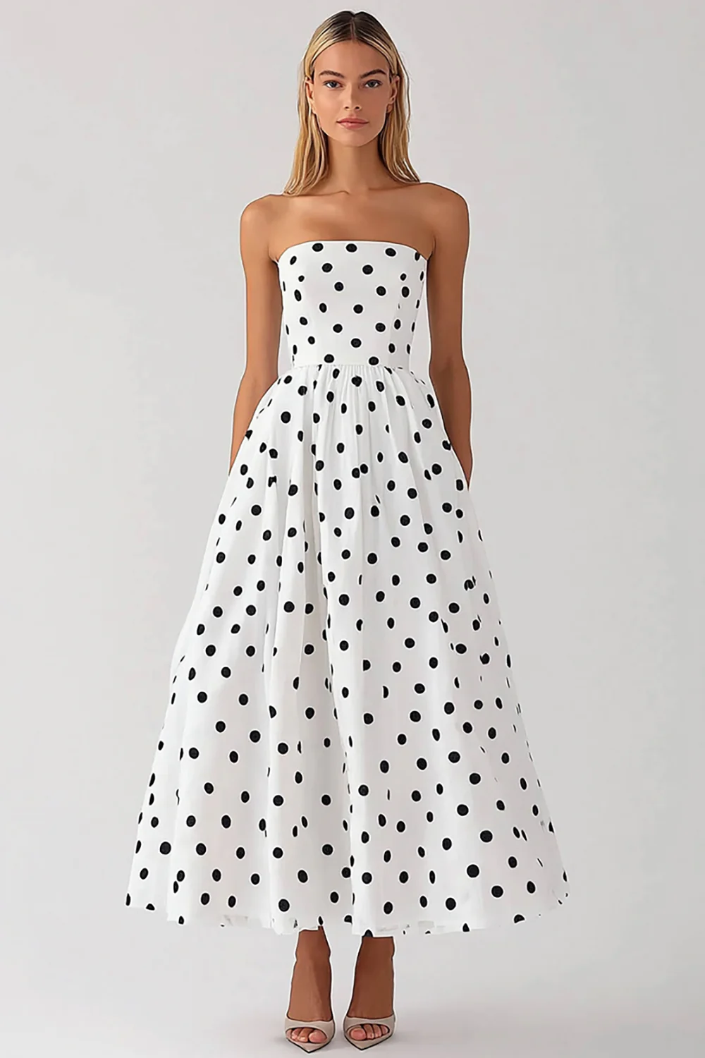 Black and White Satin Strapless Empire Boho Maxi Polka Dot Dress - JUORTHO