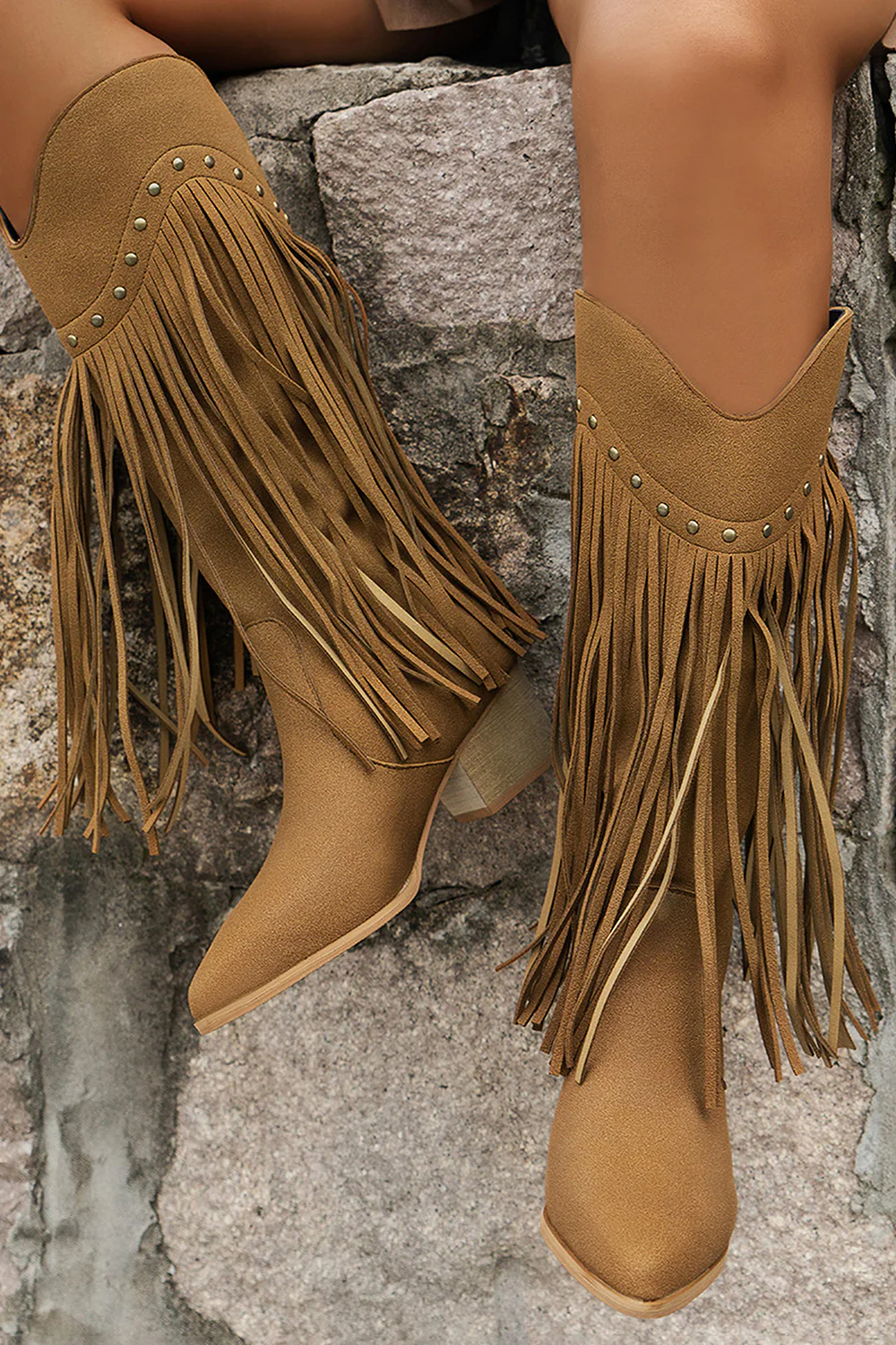 Brown Leopard Mid Calf Chunky Heel Cowgirl Boots with Fringes - JUORTHO