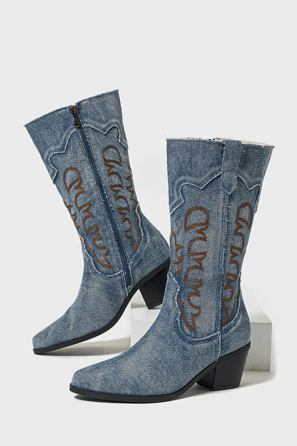 Dark Blue Embroidered Mid Calf Chunky Heel Cowgirl Boots - JUORTHO