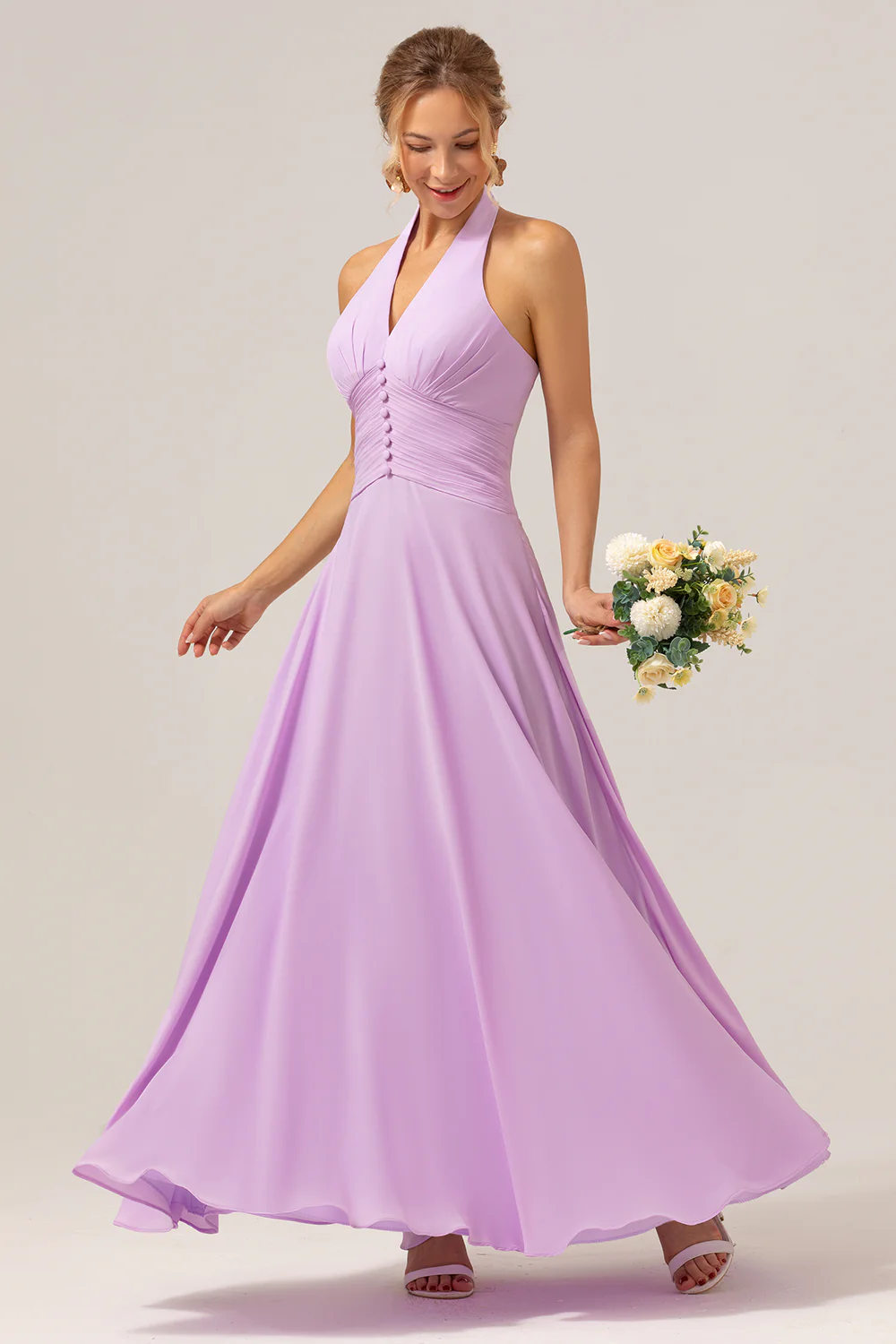 Purple A Line Halter Chiffon Long Bridesmaid Dress - JUORTHO