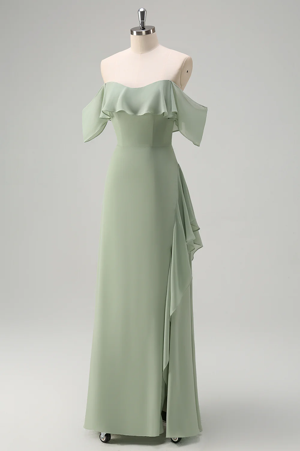 Light Green Off The Shoulder Chiffon Long Bridesmaid Dress - JUORTHO