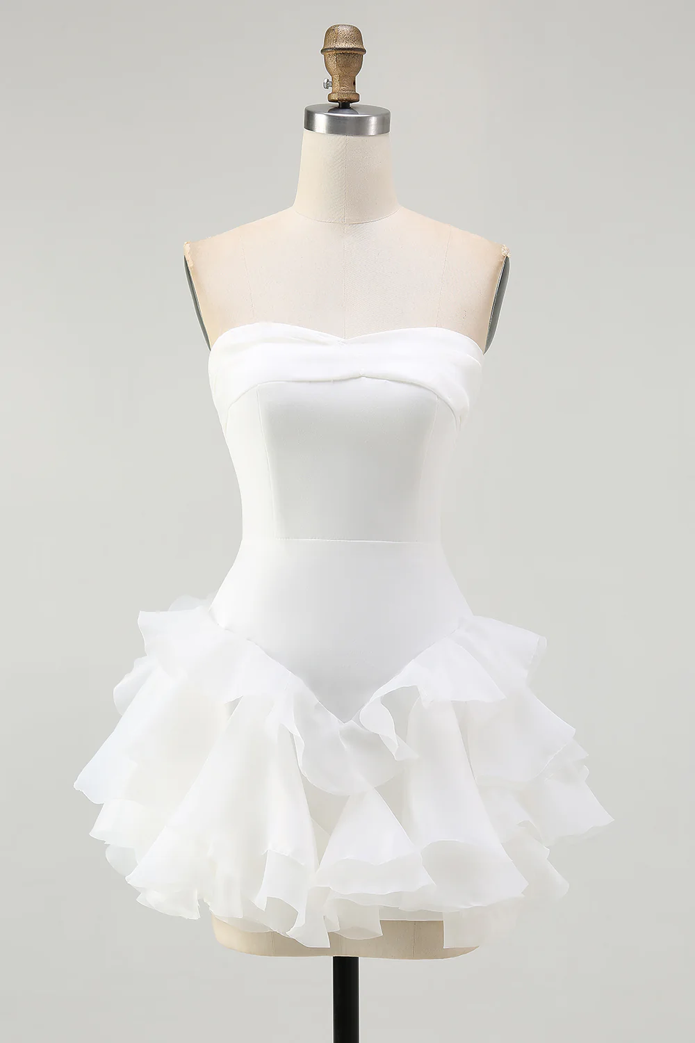 A Line Strapless Tiered Little White Dress with Ruffles - JUORTHO