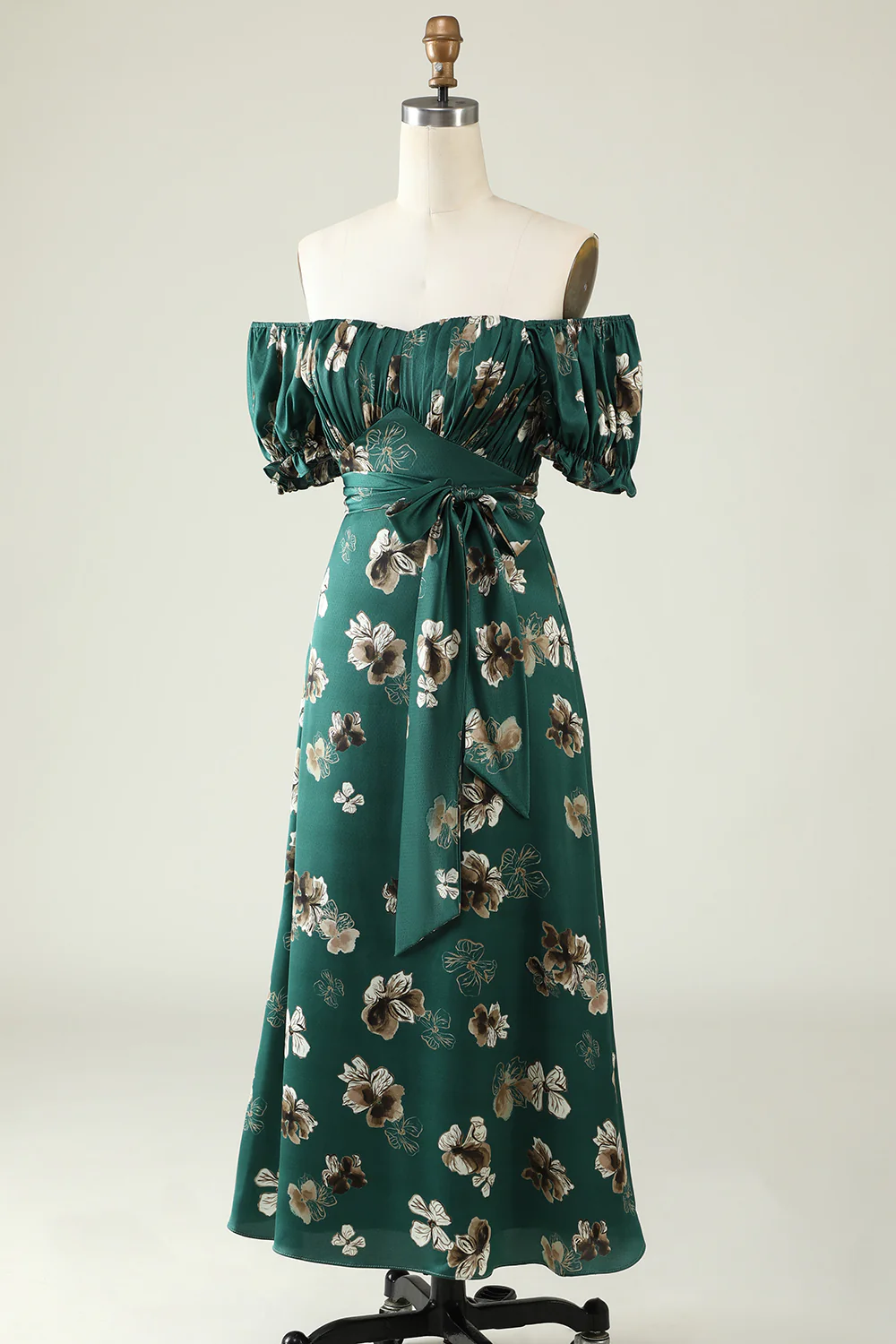 A Line Off the Shoulder Dark Green Printed Bridesmaid Dress - JUORTHO