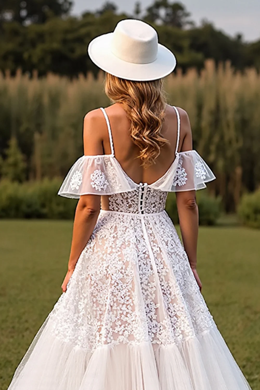 White Lace Corset Boho Sweep Train Western Wedding Dress - JUORTHO