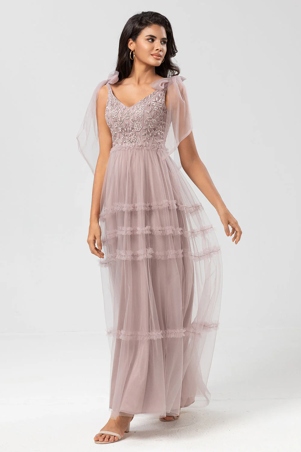 Keeper of My Heart A-Line V Neck Dusty Pink Long Bridesmaid Dress with Beading - JUORTHO