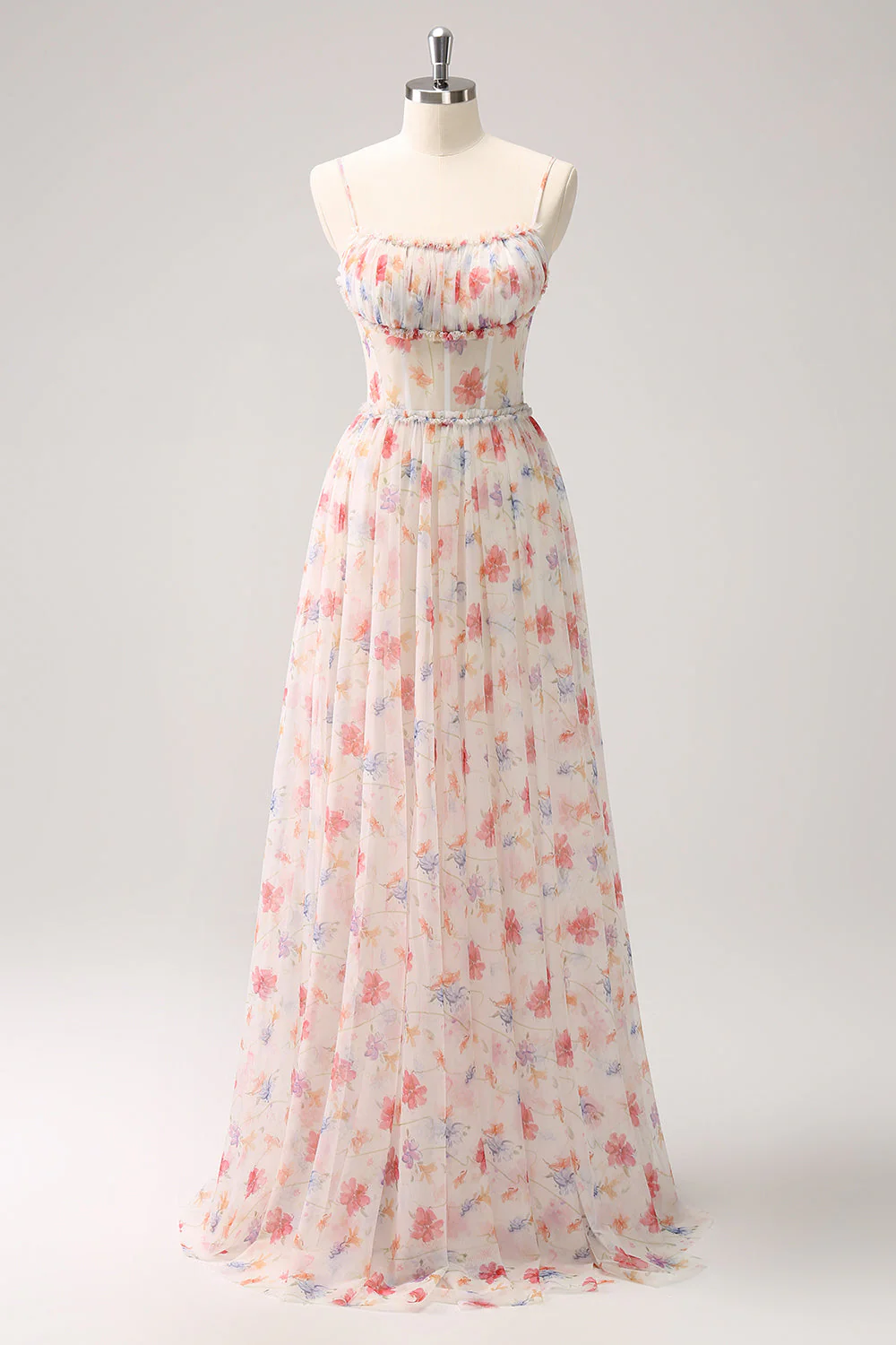 White Red Floral Corset A-Line Spaghetti Straps Long Bridesmaid Dress - JUORTHO