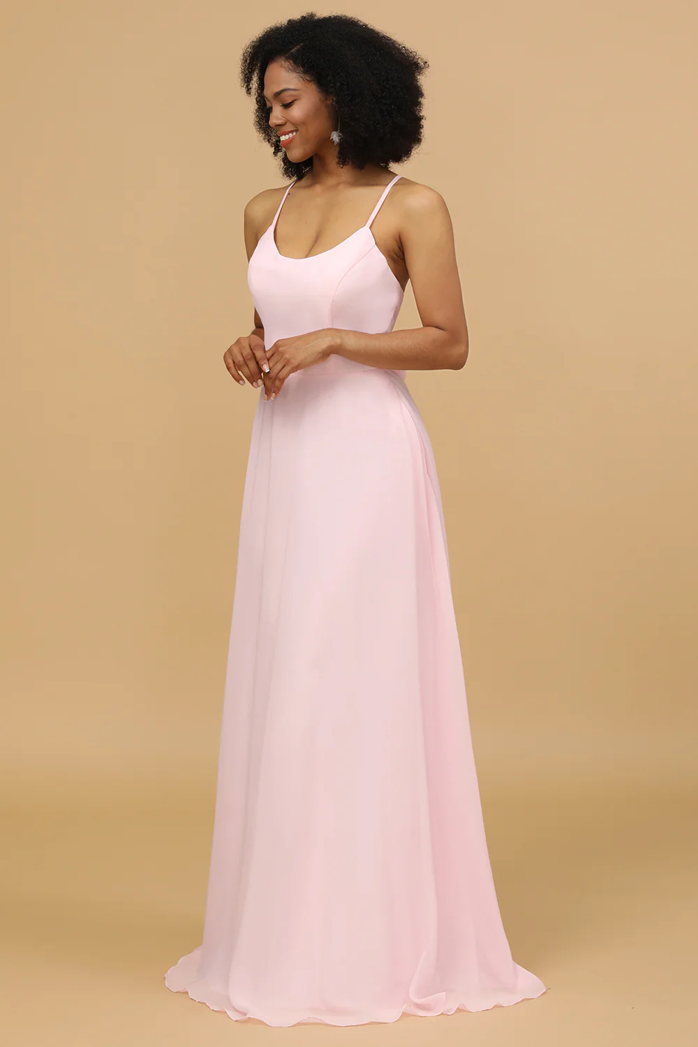 Spaghetti Straps Pink Chiffon Bridesmaid Dress with Pocket - JUORTHO