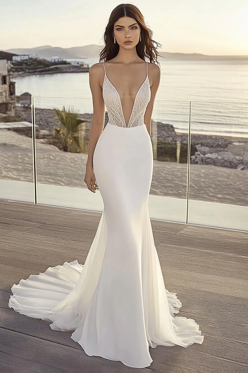 Ivory Chiffon Mermaid Sweep Train Deep V-Neck Wedding Dress - JUORTHO