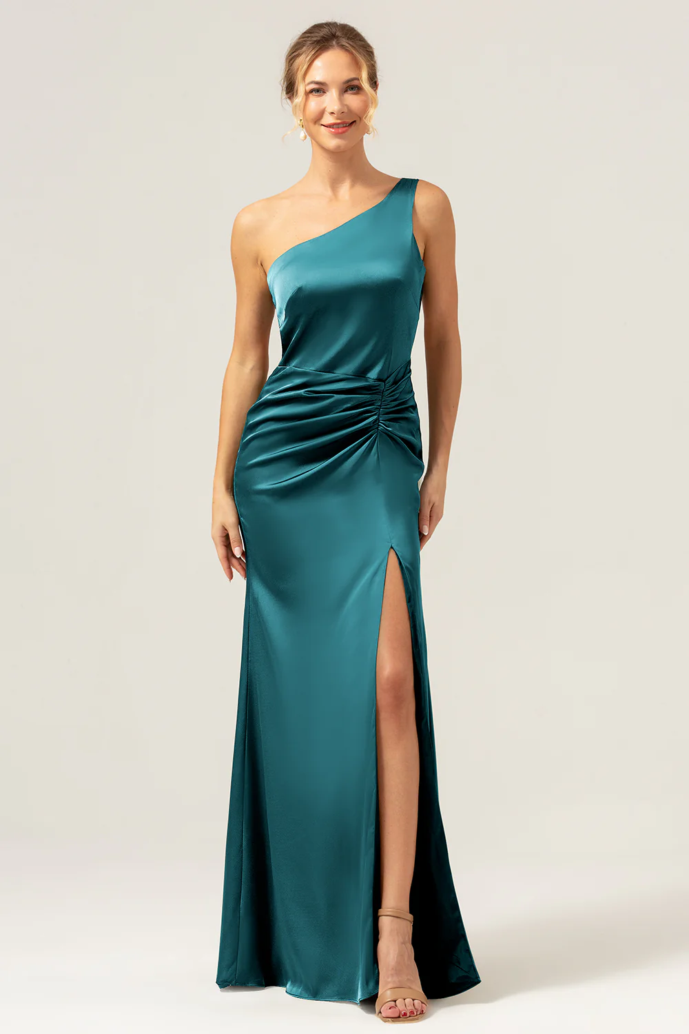 Olive One Shoulder Mermaid Satin Long Bridesmaid Dress with Slit - JUORTHO