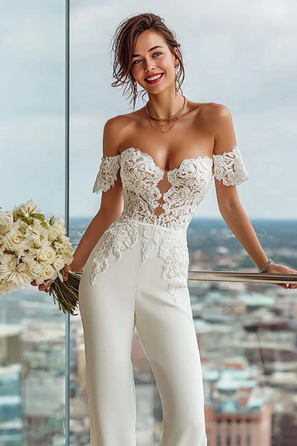 Simple White Sweetheart Bridal Jumpsuits with Lace - JUORTHO