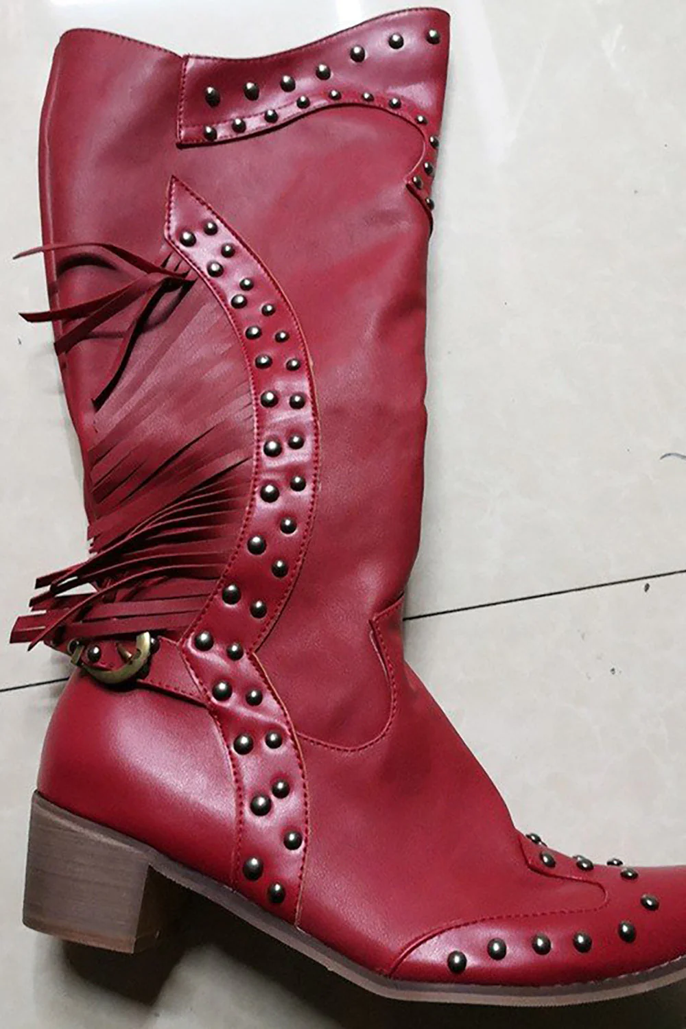 Dark Red Fringed Mid-Calf Boots - JUORTHO